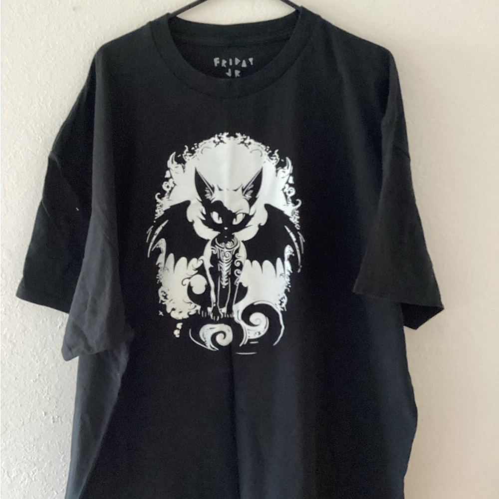 Black Graphic Tee with Cat Design